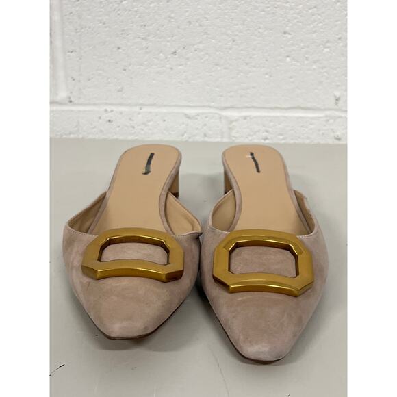 Ann Taylor Sz 9.5 Beige Suede Leather Gold Buckle Mule Low Heel Slip On Pumps - Picture 2 of 5